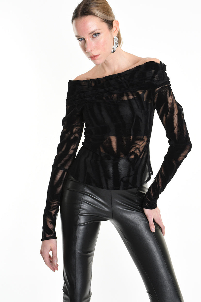 4B W5139 SWEATER Tulle Devore Flocked Stretch Black LA HAINE INSIDE US