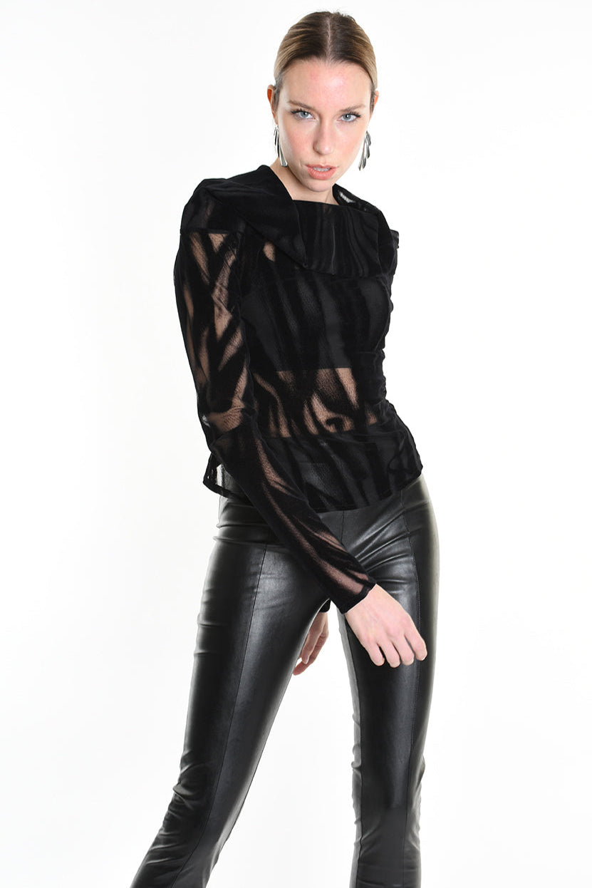 4B W5139 SWEATER Tulle Devore Flocked Stretch Black LA HAINE INSIDE US