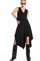 4B W5157 DRESS Asymmetric Sleeveless Punto Milano Black LA HAINE INSIDE US