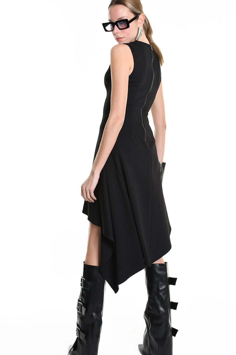 4B W5157 DRESS Asymmetric Sleeveless Punto Milano Black LA HAINE INSIDE US