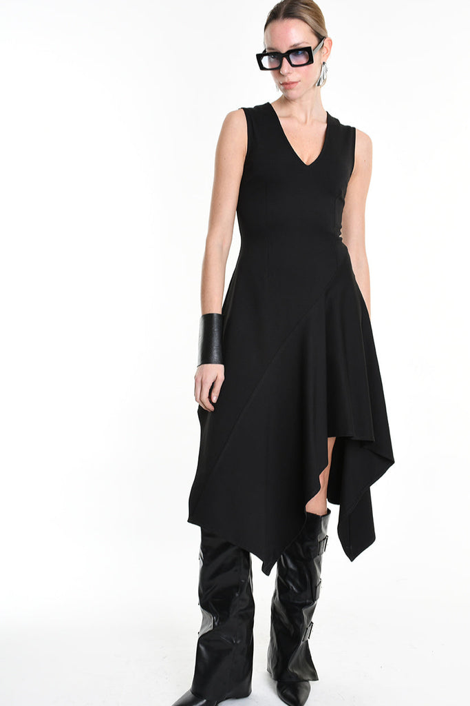 4B W5157 DRESS Asymmetric Sleeveless Punto Milano Black LA HAINE INSIDE US