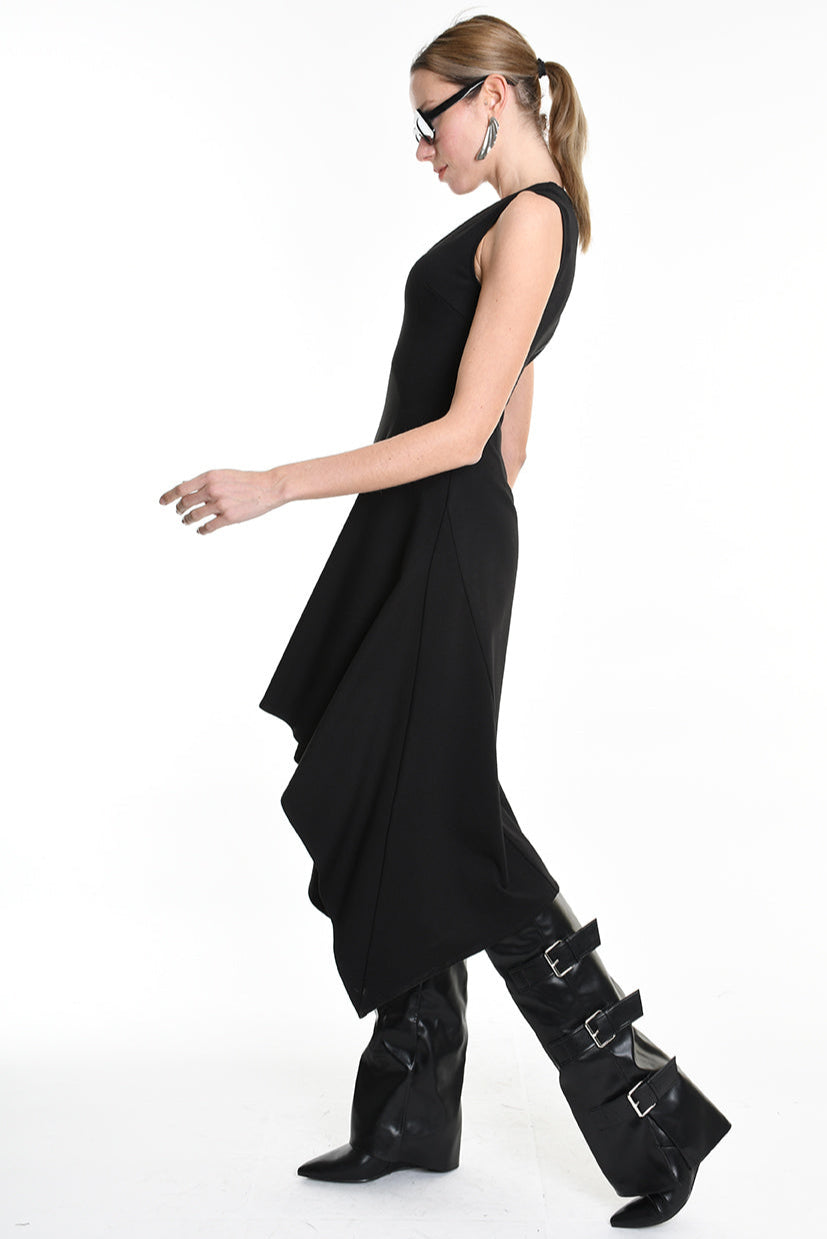 4B W5157 DRESS Asymmetric Sleeveless Punto Milano Black LA HAINE INSIDE US