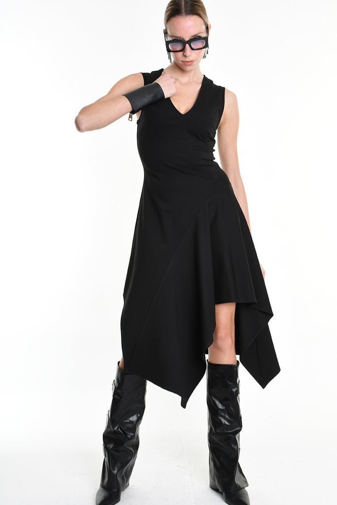 4B W5157 DRESS Asymmetric Sleeveless Punto Milano Black LA HAINE INSIDE US