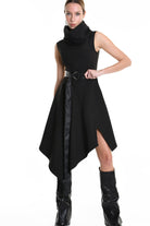 4B W5174 DRESS Asymmetric Tecno Stretch & Faux Leather Black LA HAINE INSIDE US