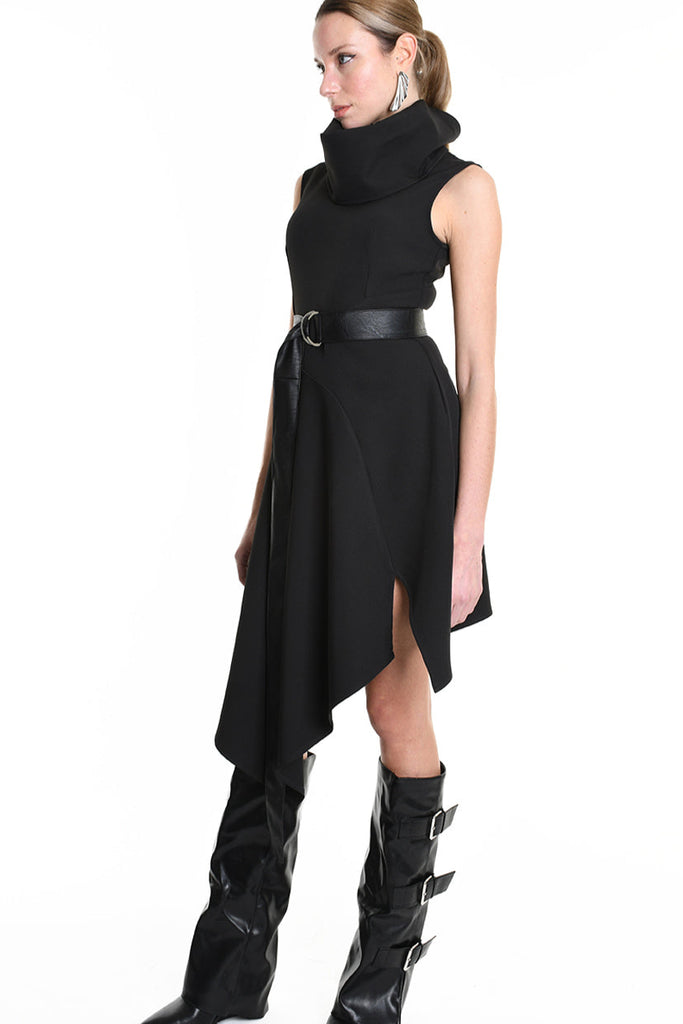 4B W5174 DRESS Asymmetric Tecno Stretch & Faux Leather Black LA HAINE INSIDE US