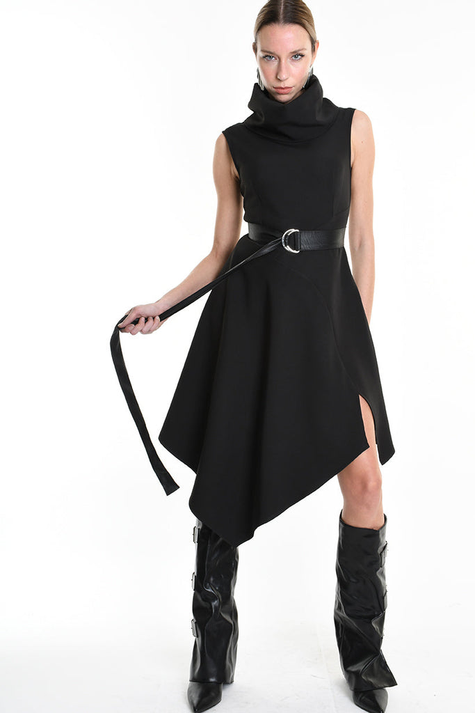 4B W5174 DRESS Asymmetric Tecno Stretch & Faux Leather Black LA HAINE INSIDE US