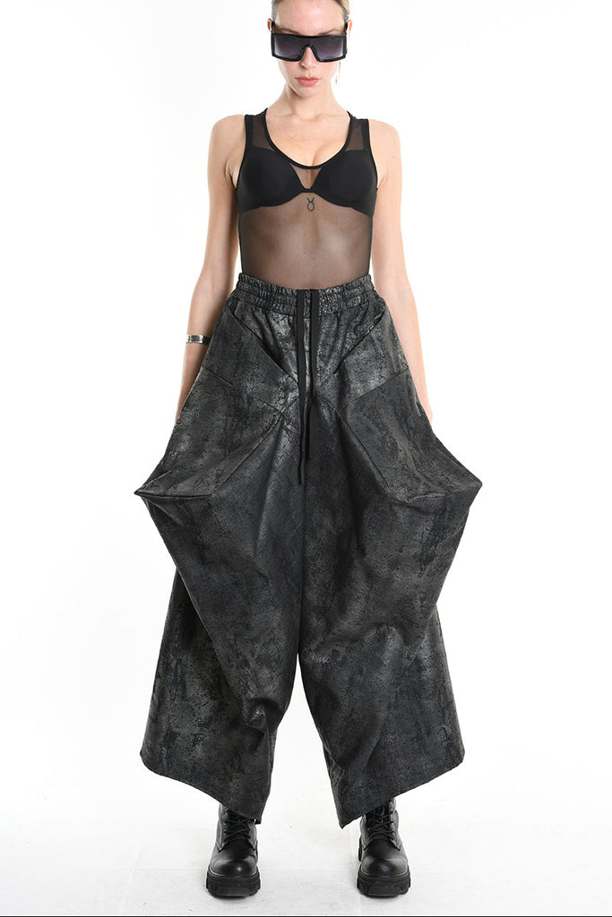 4B W5187 TROUSER Cargo Gabardina Stretch Print Coated UNISEX Black LA HAINE INSIDE US