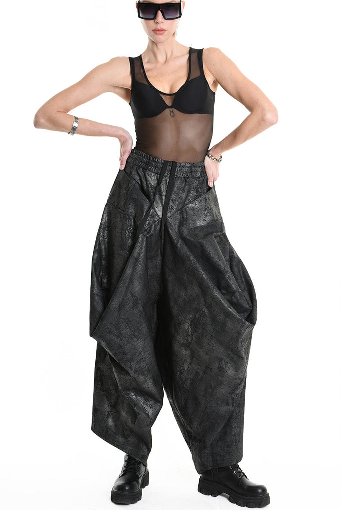 4B W5187 TROUSER Cargo Gabardina Stretch Print Coated UNISEX Black LA HAINE INSIDE US