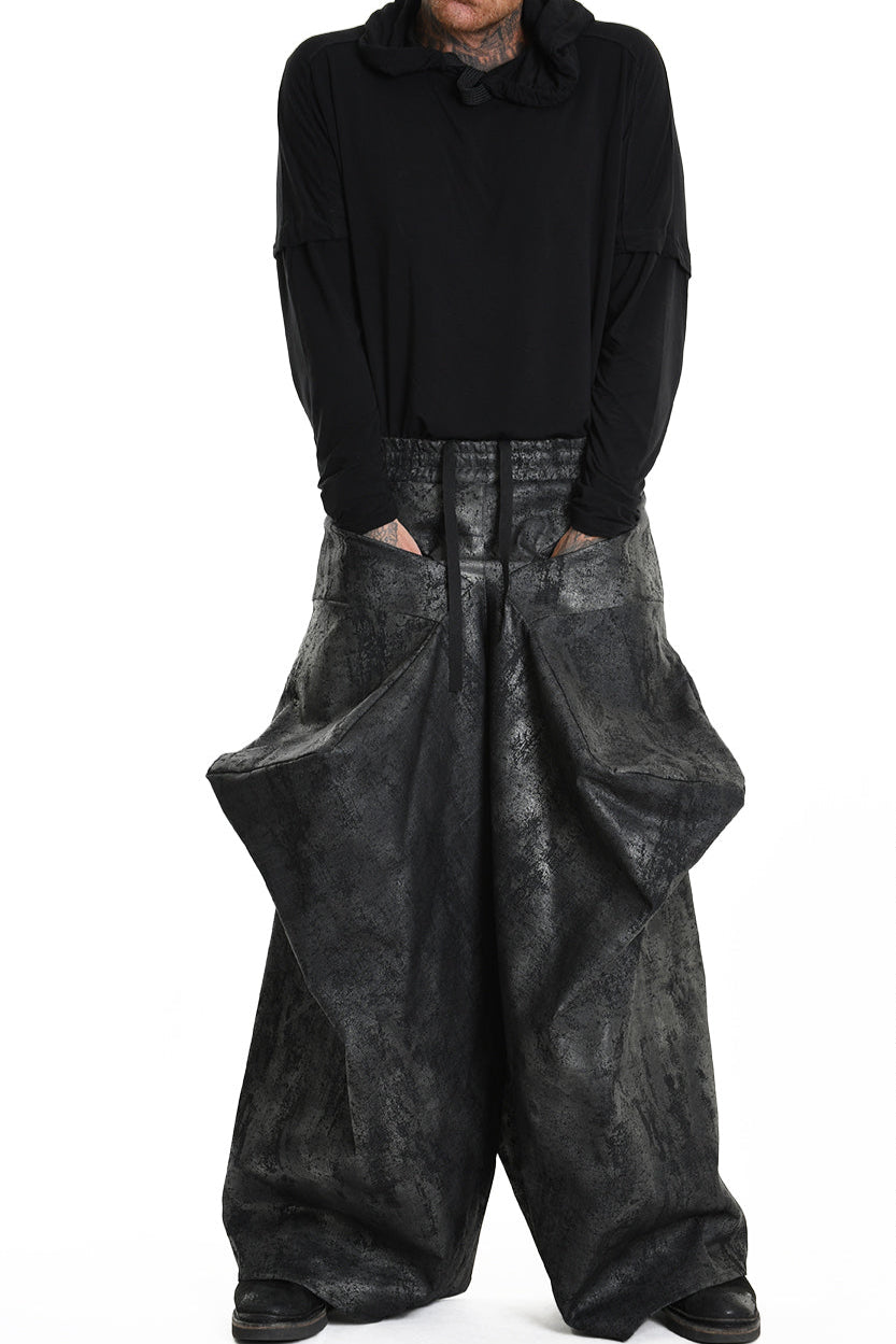 4B W5187 TROUSER Cargo Gabardina Stretch Print Coated UNISEX Black LA HAINE INSIDE US