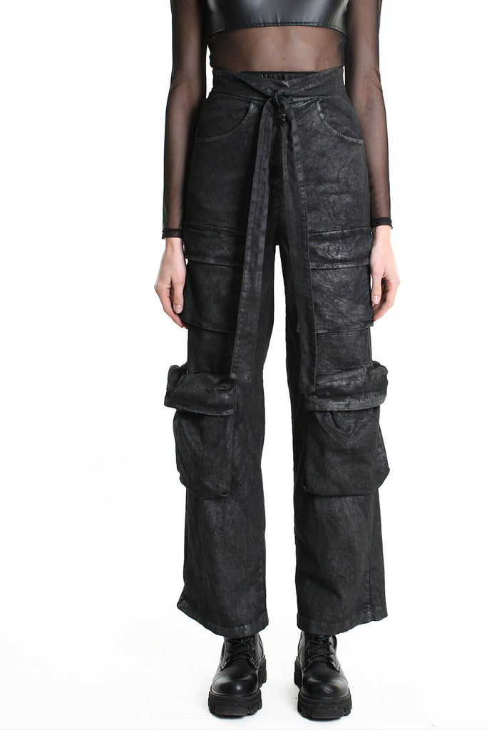 4B W5191 TROUSER Wide Fit Gabardine Cotton Dyed Coated Black WOMAN LA HAINE INSIDE US