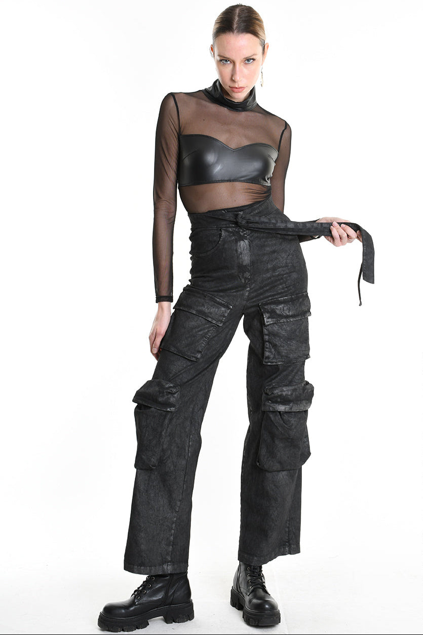 4B W5191 TROUSER Wide Fit Gabardine Cotton Dyed Coated Black WOMAN LA HAINE INSIDE US