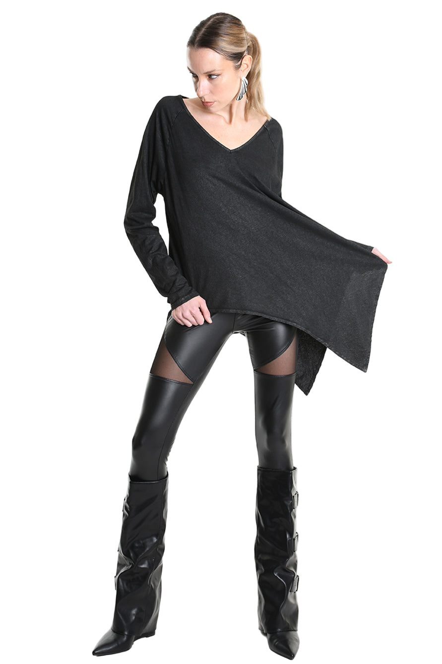 4B W5193 T-SHIRT Over Asymmetric Jersey Dyed Coated Black LA HAINE INSIDE US