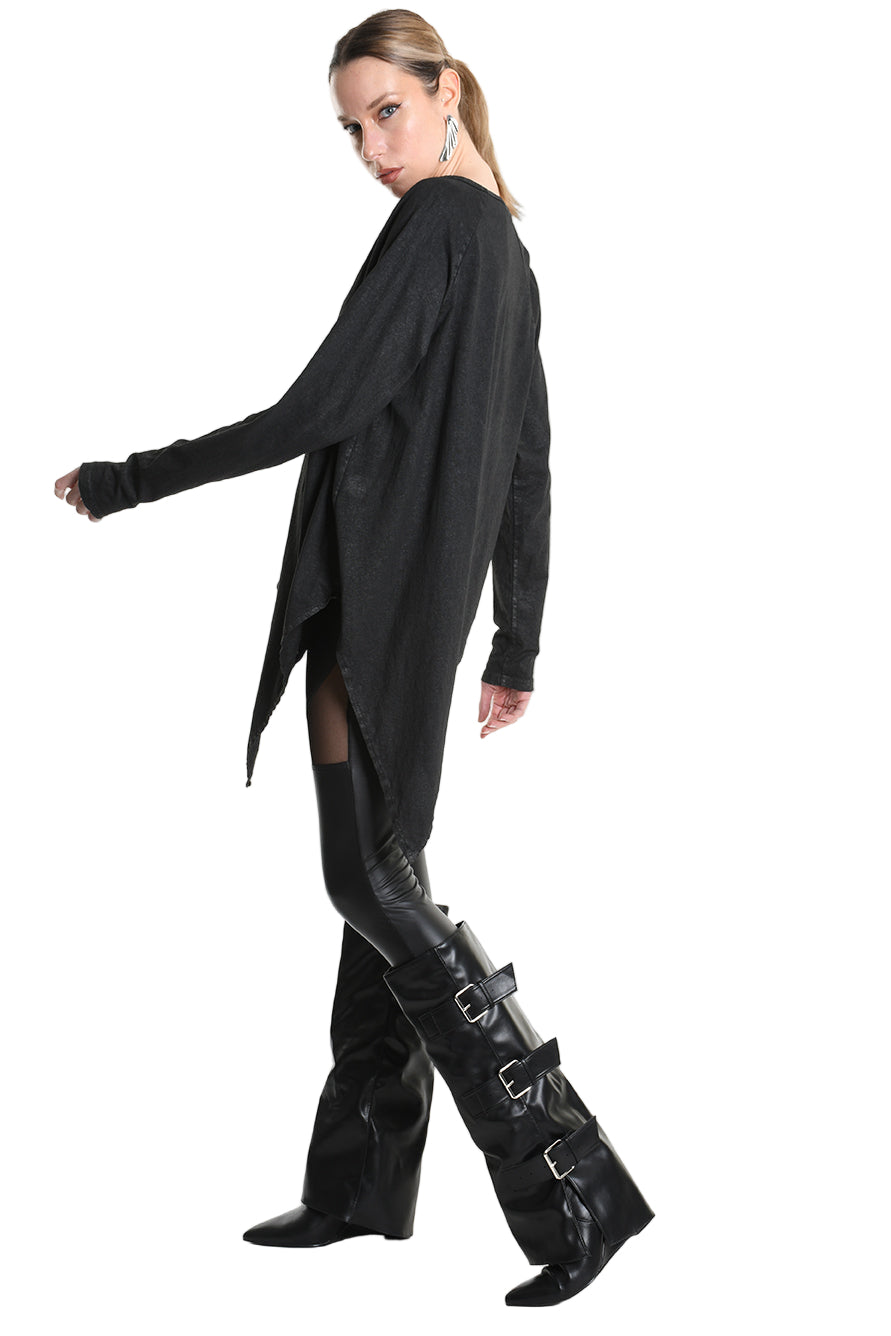 4B W5193 T-SHIRT Over Asymmetric Jersey Dyed Coated Black LA HAINE INSIDE US