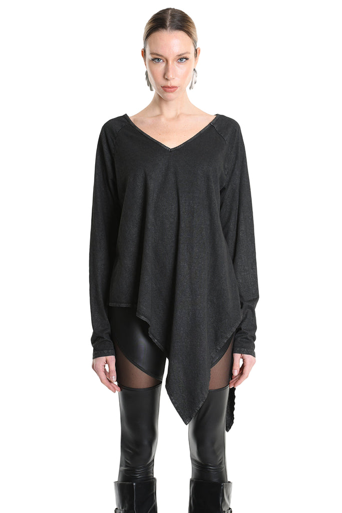4B W5193 T-SHIRT Over Asymmetric Jersey Dyed Coated Black LA HAINE INSIDE US