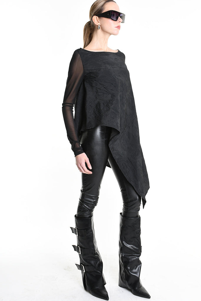 4B W5194 SWEATER Over Asymmetric Nylon Jacquard & Tulle Stretch Black LA HAINE INSIDE US