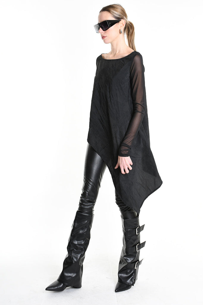4B W5194 SWEATER Over Asymmetric Nylon Jacquard & Tulle Stretch Black LA HAINE INSIDE US