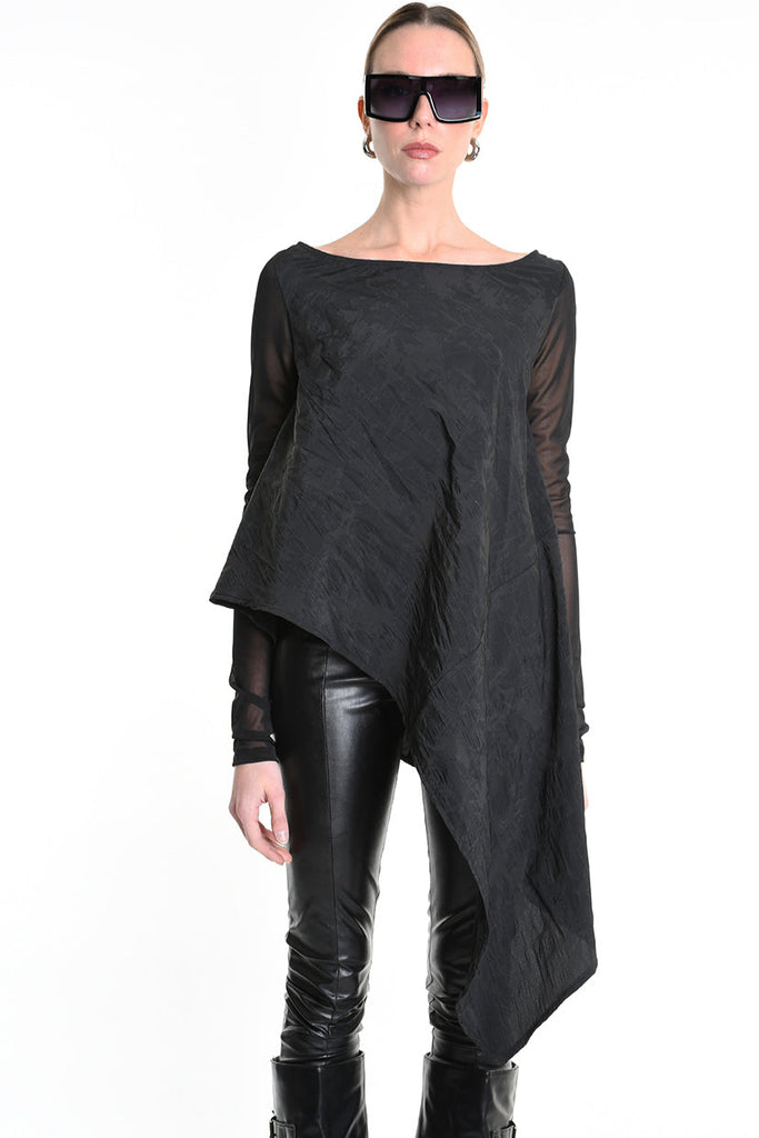 4B W5194 SWEATER Over Asymmetric Nylon Jacquard & Tulle Stretch Black LA HAINE INSIDE US