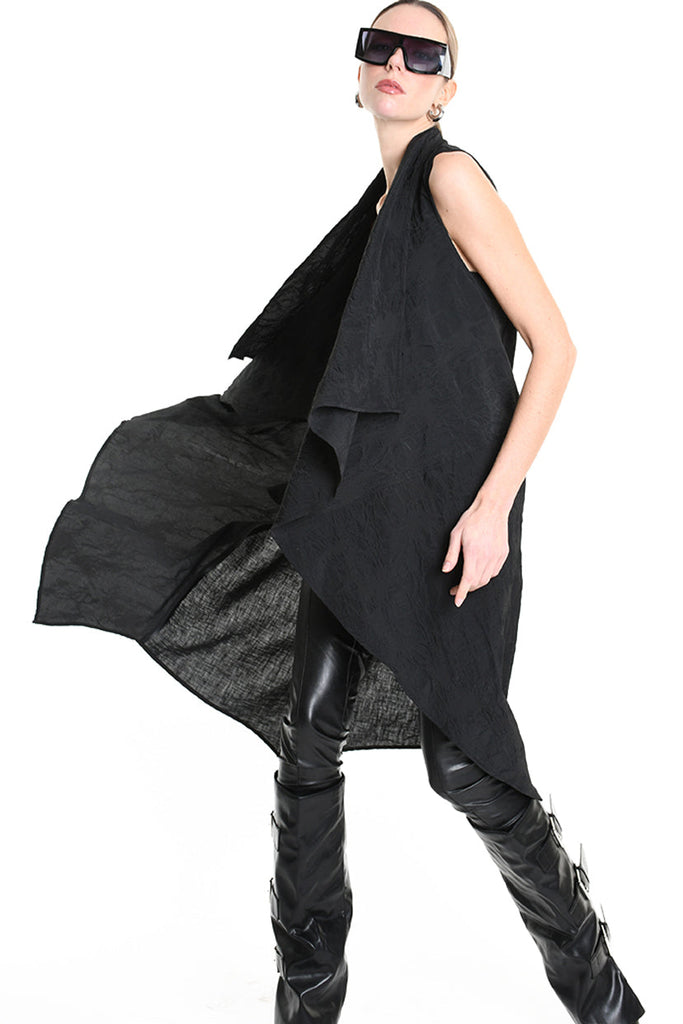 4B W5195 LONG VEST in Nylon Jacquard & Stretch Tulle UNISEX U Black LA HAINE INSIDE US