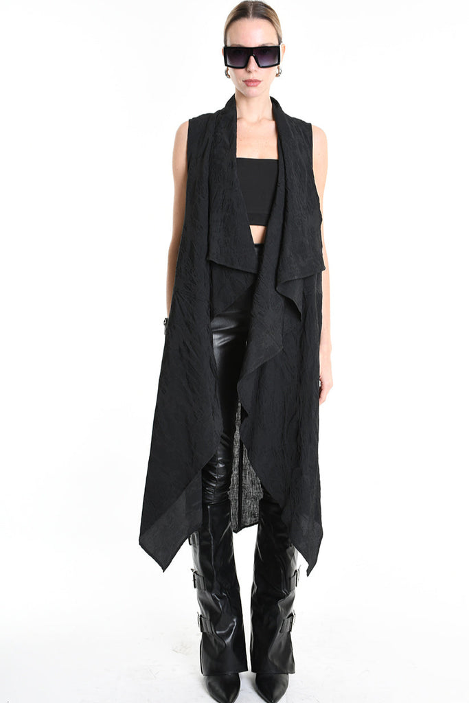 4B W5195 LONG VEST in Nylon Jacquard & Stretch Tulle UNISEX U Black LA HAINE INSIDE US