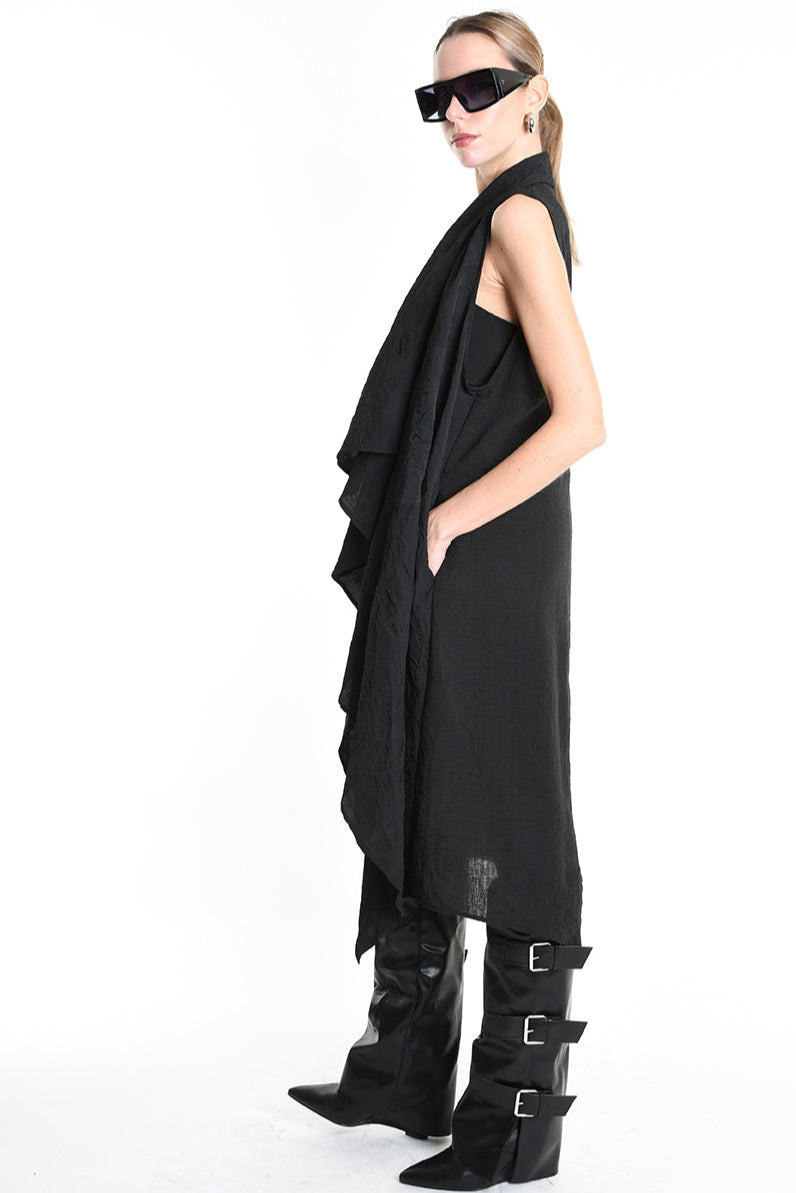 4B W5195 LONG VEST in Nylon Jacquard & Stretch Tulle UNISEX U Black LA HAINE INSIDE US