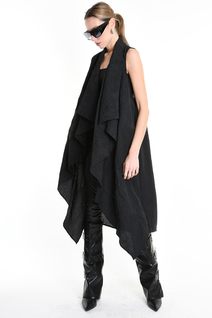 4B W5195 LONG VEST in Nylon Jacquard & Stretch Tulle UNISEX U Black LA HAINE INSIDE US