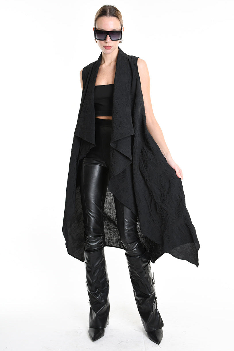 4B W5195 LONG VEST in Nylon Jacquard & Stretch Tulle UNISEX U Black LA HAINE INSIDE US
