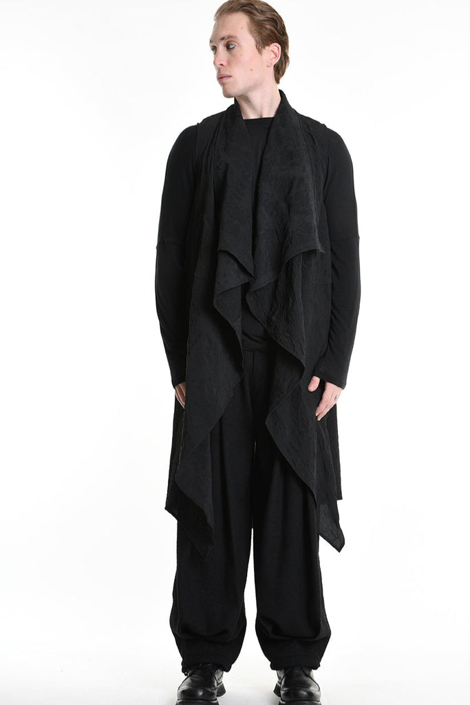 4B W5195 LONG VEST in Nylon Jacquard & Stretch Tulle UNISEX U Black LA HAINE INSIDE US