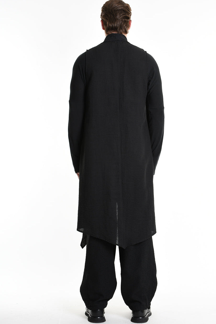 4B W5195 LONG VEST in Nylon Jacquard & Stretch Tulle UNISEX U Black LA HAINE INSIDE US