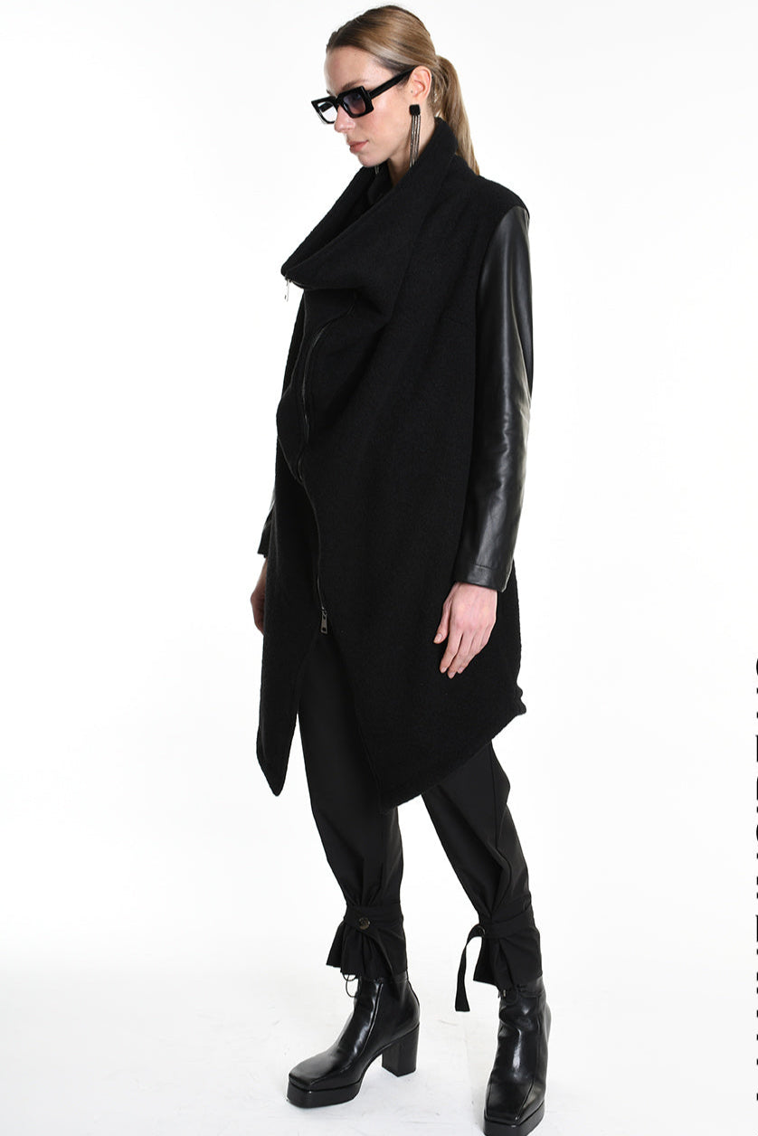 4B W5220 COAT Over Asymmetric Boiled Wool & Nappa Leather Black LA HAINE INSIDE US