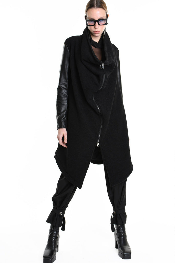 4B W5220 COAT Over Asymmetric Boiled Wool & Nappa Leather Black LA HAINE INSIDE US