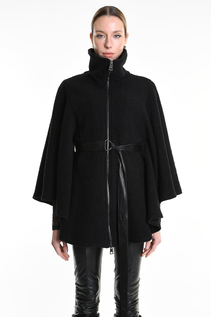 4B W5221 CAPE Asymmetric Boiled Wool & Nappa Leather Black LA HAINE INSIDE US
