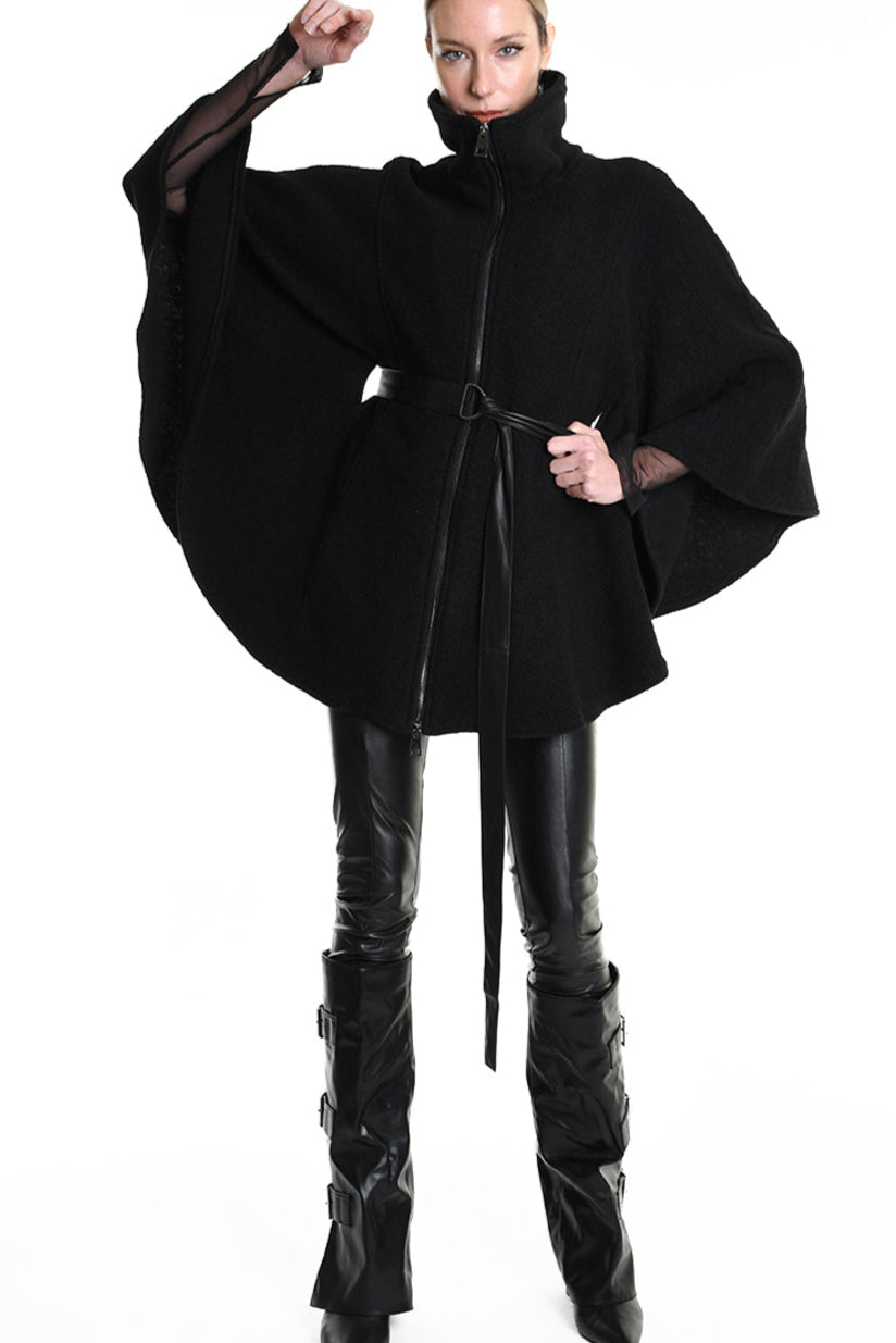 4B W5221 CAPE Asymmetric Boiled Wool & Nappa Leather Black LA HAINE INSIDE US