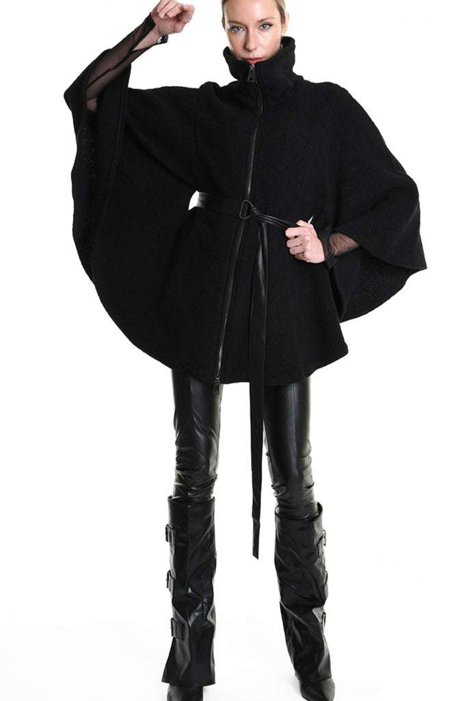 4B W5221 CAPE Asymmetric Boiled Wool & Nappa Leather Black LA HAINE INSIDE US