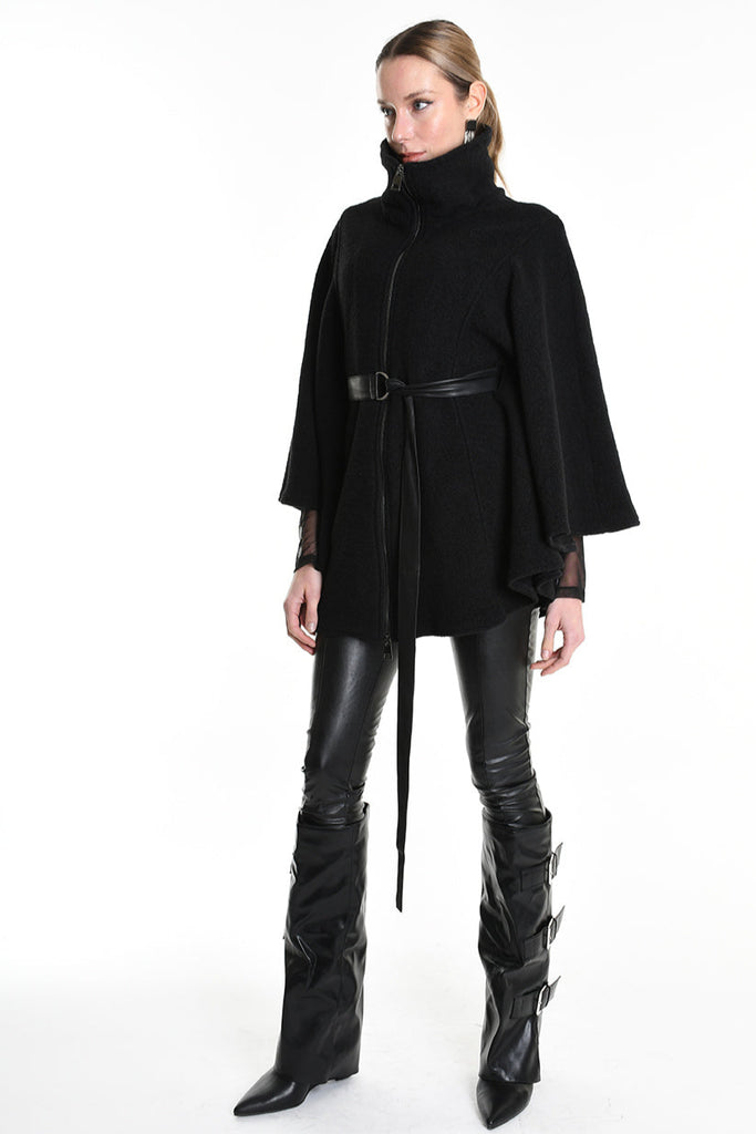 4B W5221 CAPE Asymmetric Boiled Wool & Nappa Leather Black LA HAINE INSIDE US