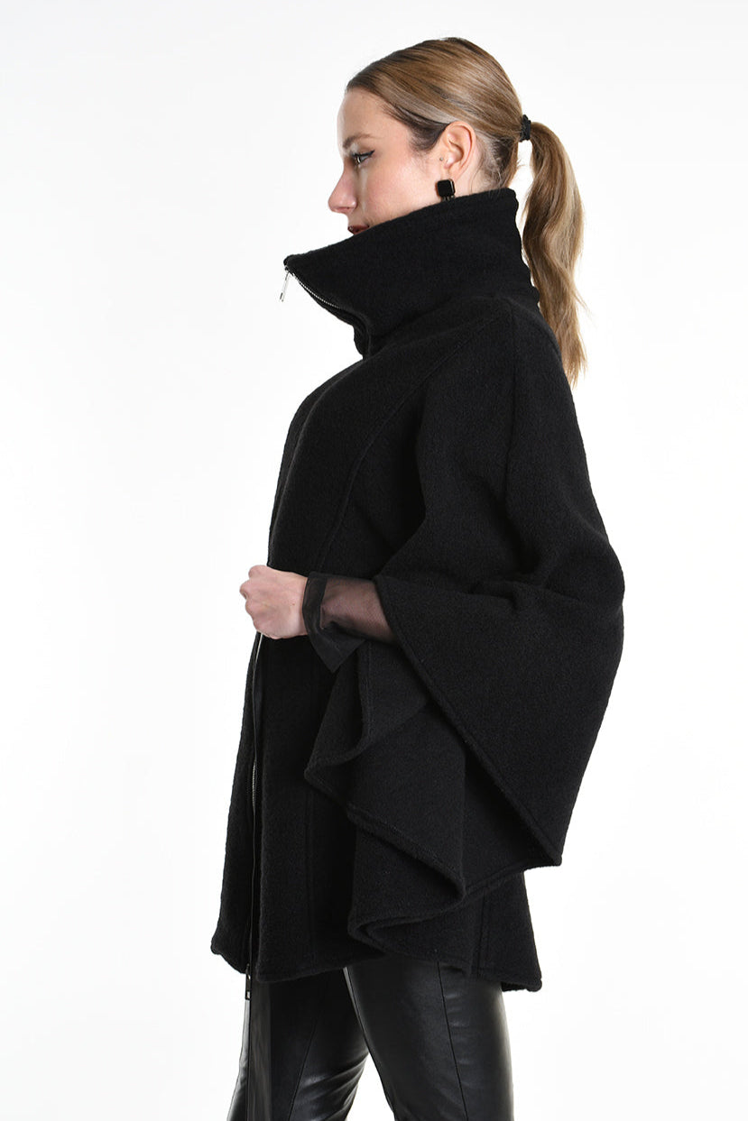 4B W5221 CAPE Asymmetric Boiled Wool & Nappa Leather Black LA HAINE INSIDE US