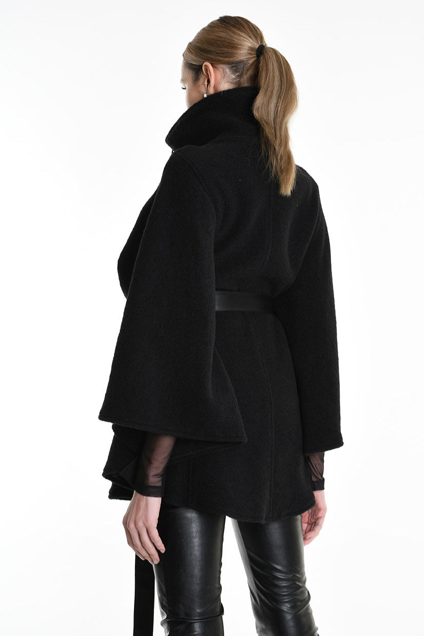 4B W5221 CAPE Asymmetric Boiled Wool & Nappa Leather Black LA HAINE INSIDE US