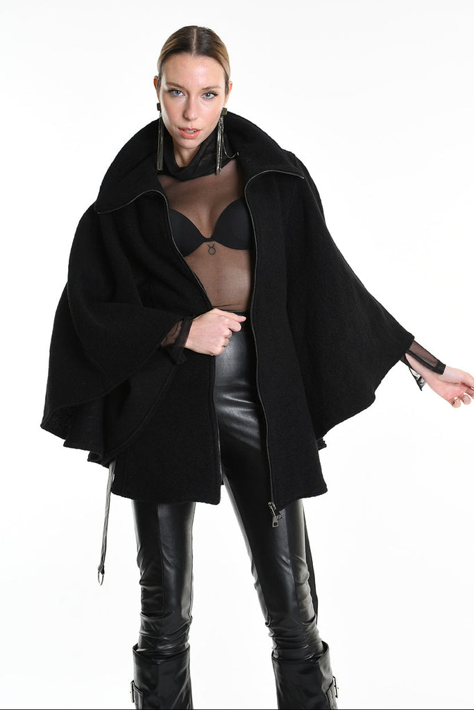 4B W5221 CAPE Asymmetric Boiled Wool & Nappa Leather Black LA HAINE INSIDE US