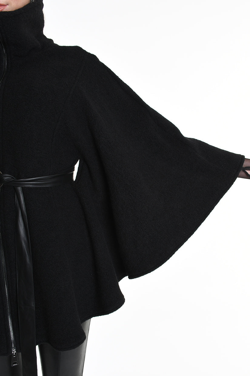 4B W5221 CAPE Asymmetric Boiled Wool & Nappa Leather Black LA HAINE INSIDE US