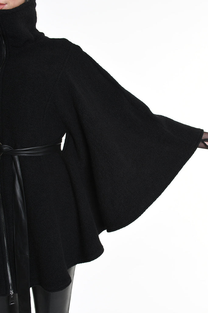 4B W5221 CAPE Asymmetric Boiled Wool & Nappa Leather Black LA HAINE INSIDE US