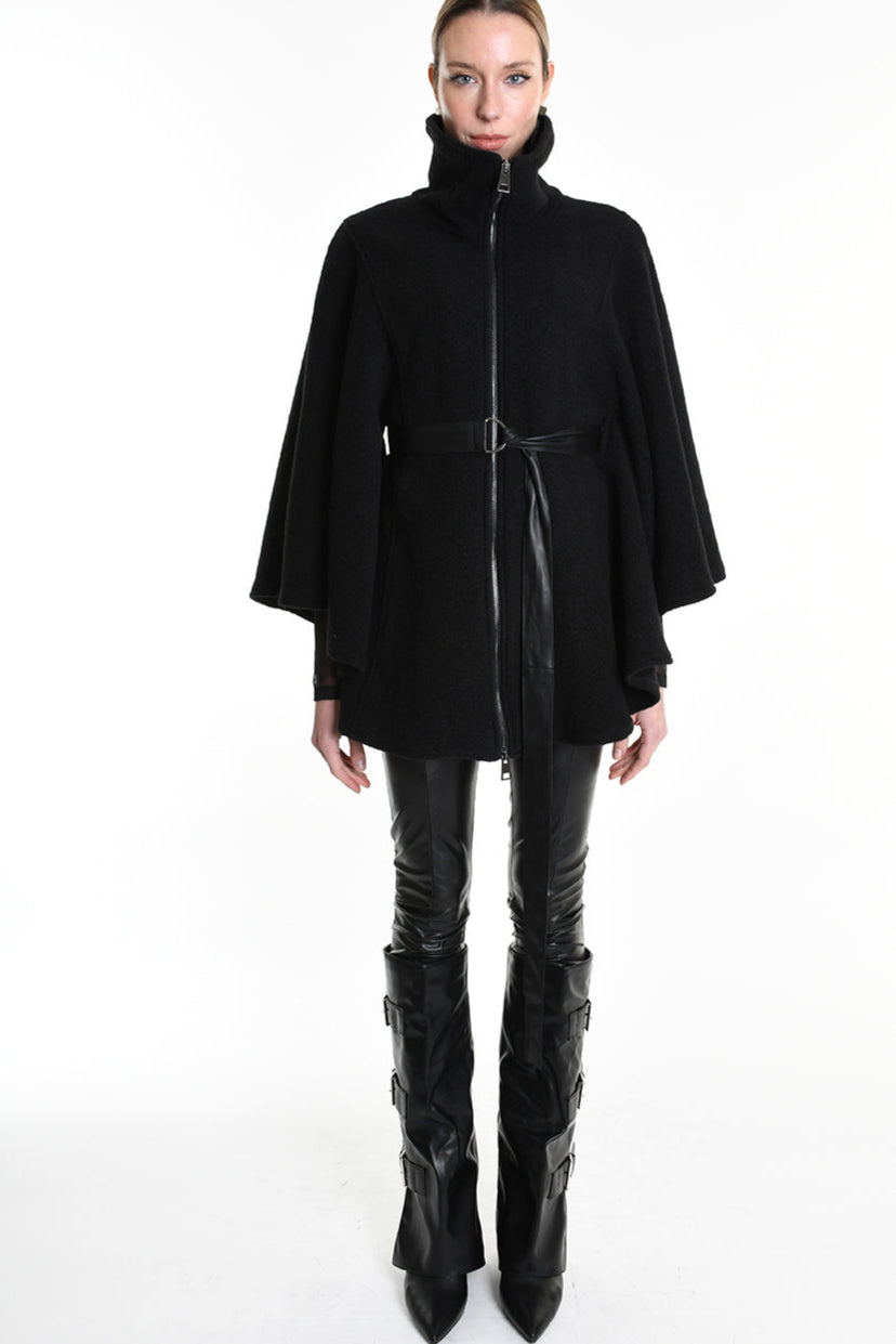 4B W5221 CAPE Asymmetric Boiled Wool & Nappa Leather Black LA HAINE INSIDE US