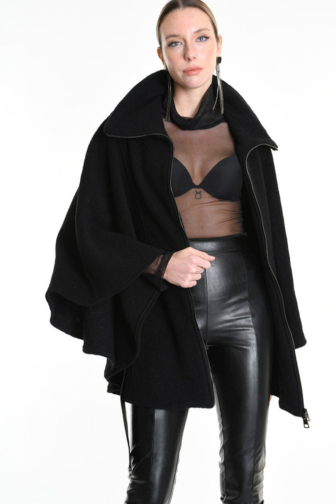 4B W5221 CAPE Asymmetric Boiled Wool & Nappa Leather Black LA HAINE INSIDE US