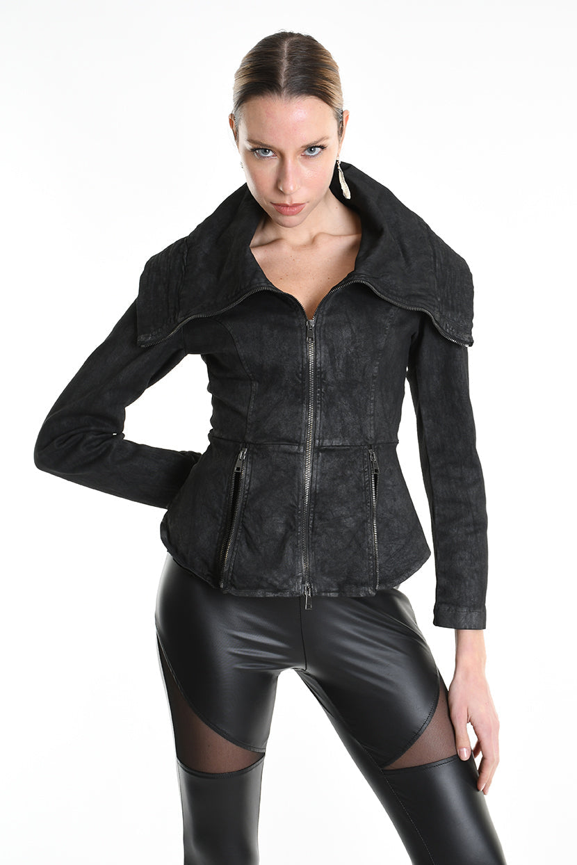 4B W5222 SLIM FIT JACKET in Garment-Dyed Laminated Cotton Gabardine Black LA HAINE INSIDE US
