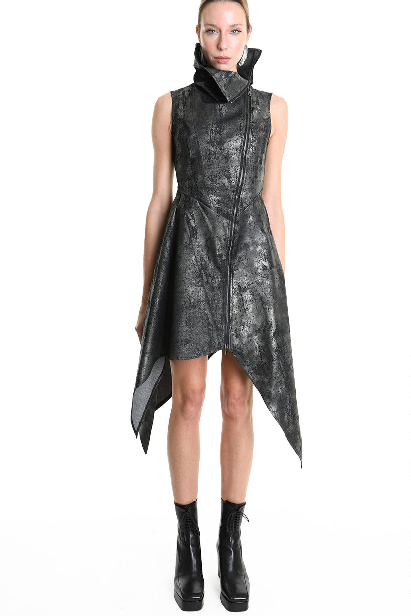 4B W5223 DRESS Sleeveless Asymmetric Gabardina Stretch Coated Black LA HAINE INSIDE US