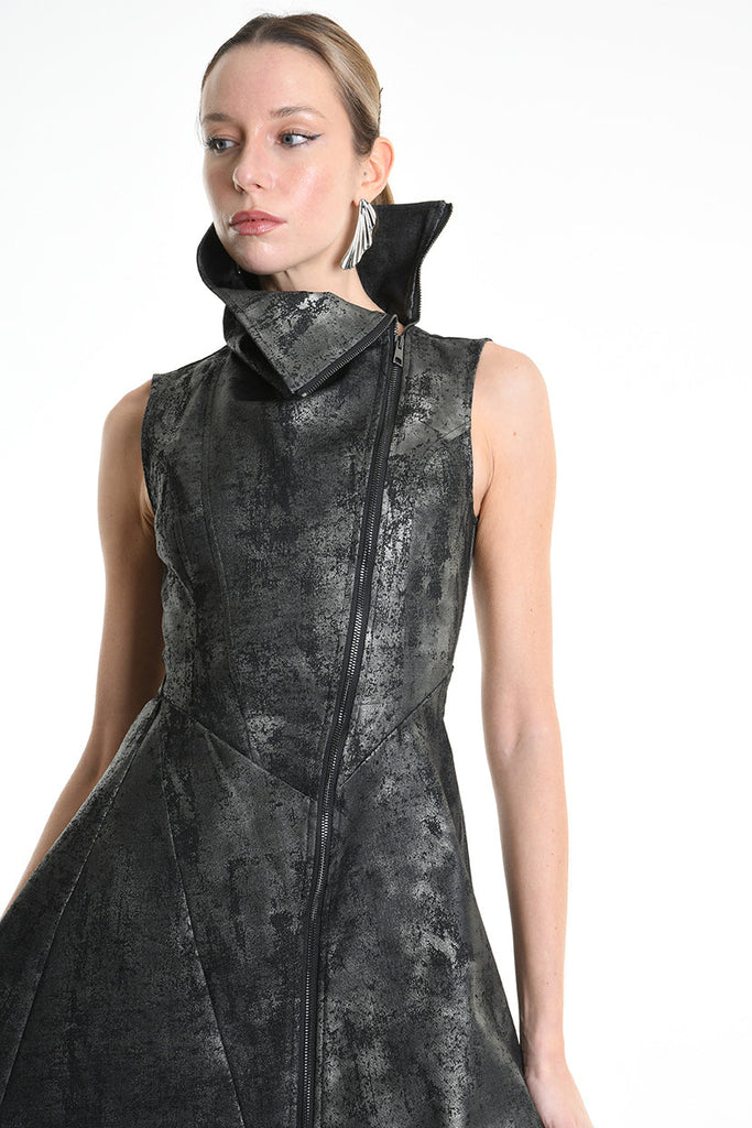 4B W5223 DRESS Sleeveless Asymmetric Gabardina Stretch Coated Black LA HAINE INSIDE US