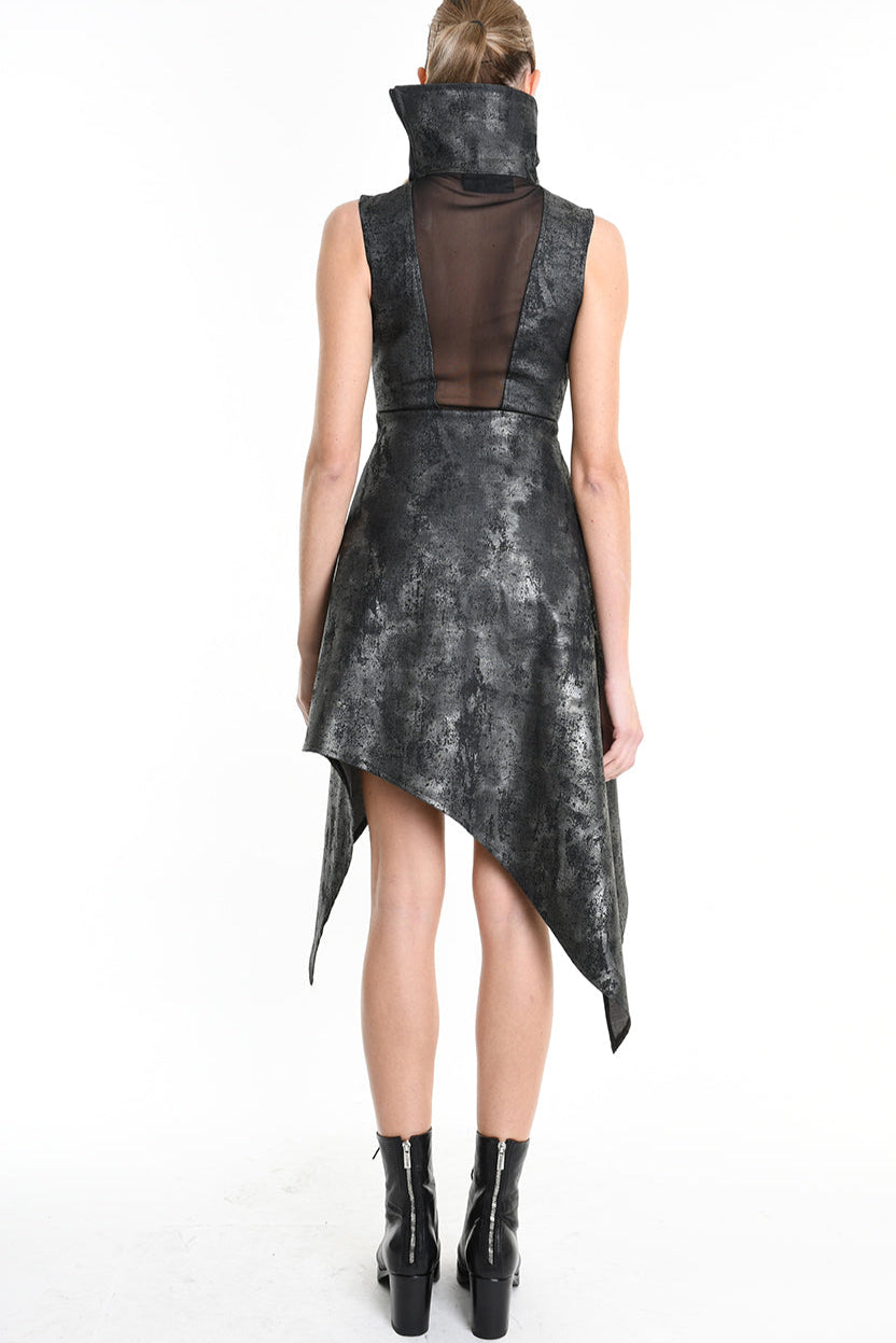 4B W5223 DRESS Sleeveless Asymmetric Gabardina Stretch Coated Black LA HAINE INSIDE US