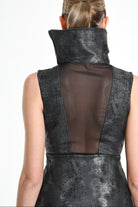 4B W5223 DRESS Sleeveless Asymmetric Gabardina Stretch Coated Black LA HAINE INSIDE US