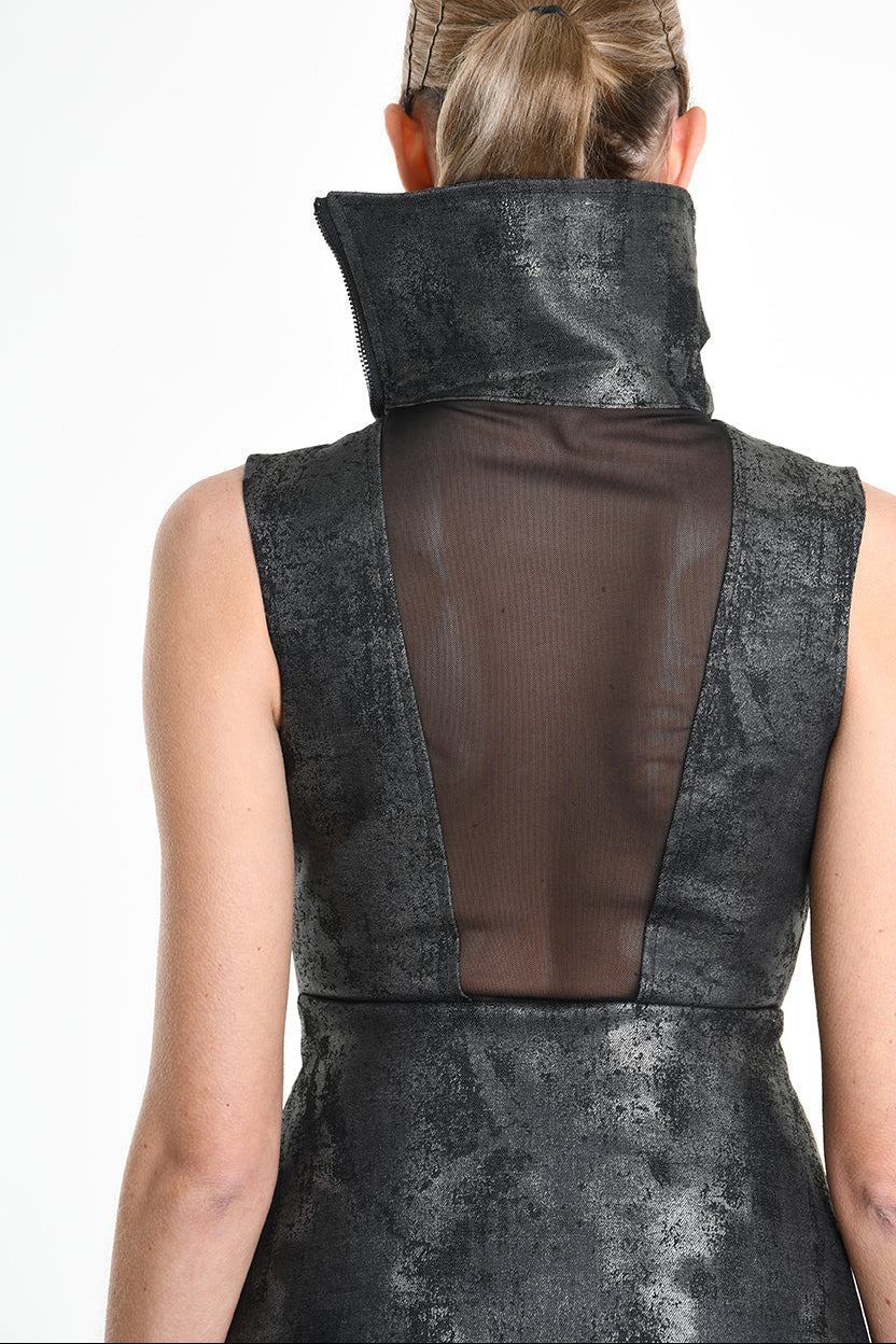 4B W5223 DRESS Sleeveless Asymmetric Gabardina Stretch Coated Black LA HAINE INSIDE US