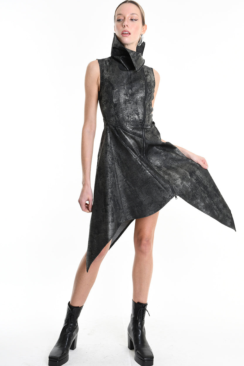 4B W5223 DRESS Sleeveless Asymmetric Gabardina Stretch Coated Black LA HAINE INSIDE US