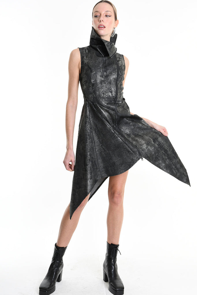 4B W5223 DRESS Sleeveless Asymmetric Gabardina Stretch Coated Black LA HAINE INSIDE US