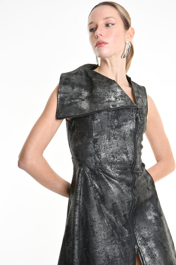 4B W5223 DRESS Sleeveless Asymmetric Gabardina Stretch Coated Black LA HAINE INSIDE US